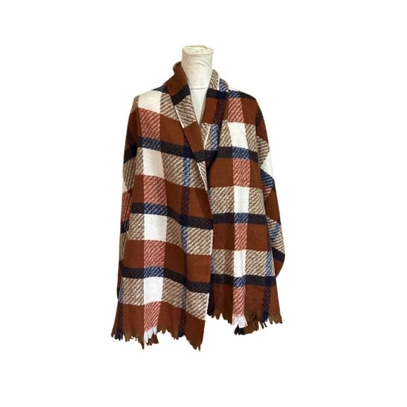Plaid Blanket Scarf With Fringed Edges - Rust Navy Cream & Tan Soft Winter Wrap - Picture 8 of 10